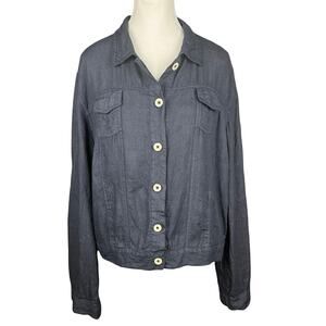 Linen Jacket Navy Blue Womens XL Button Down Collared Crop Jacket Casual Trucker